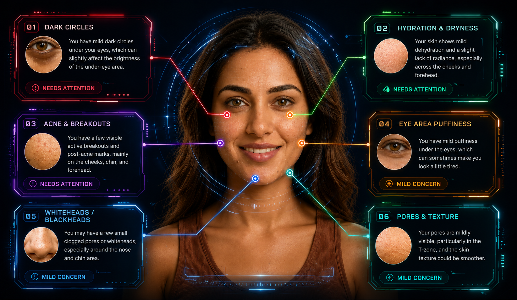Skin analysis showing dark circles, hydration, acne, puffiness, whiteheads, and pores with personalized insights